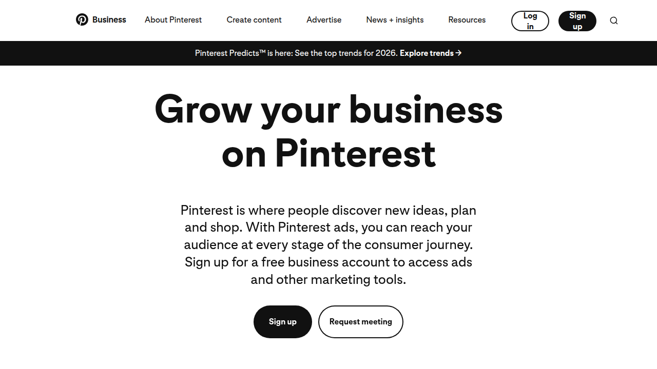 The Pinterest Business homepage, offering tools and resources for accounts focused on marketing and sales, including analytics and advertising.