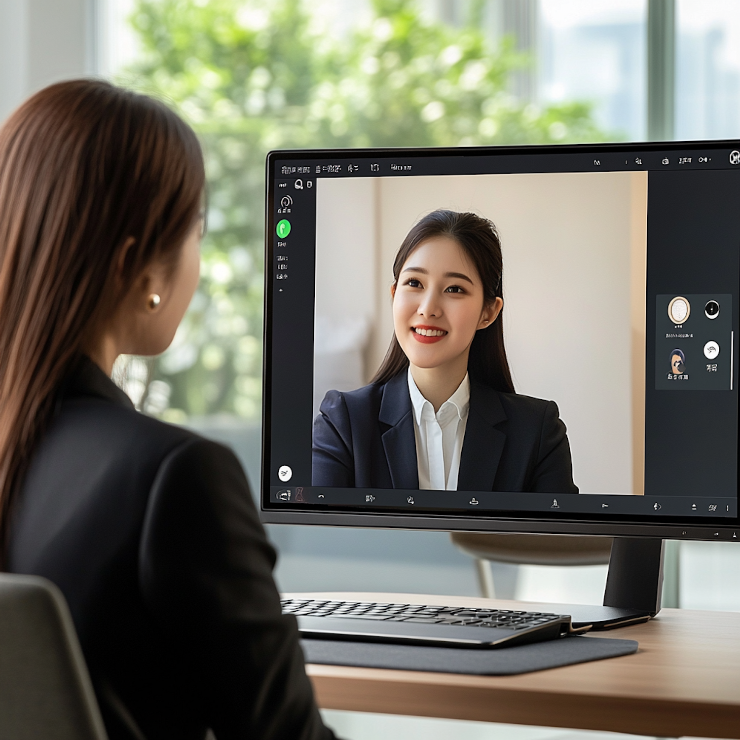 A person engaged in a professional virtual job interview, demonstrating competence in remote communication and presentation skills.