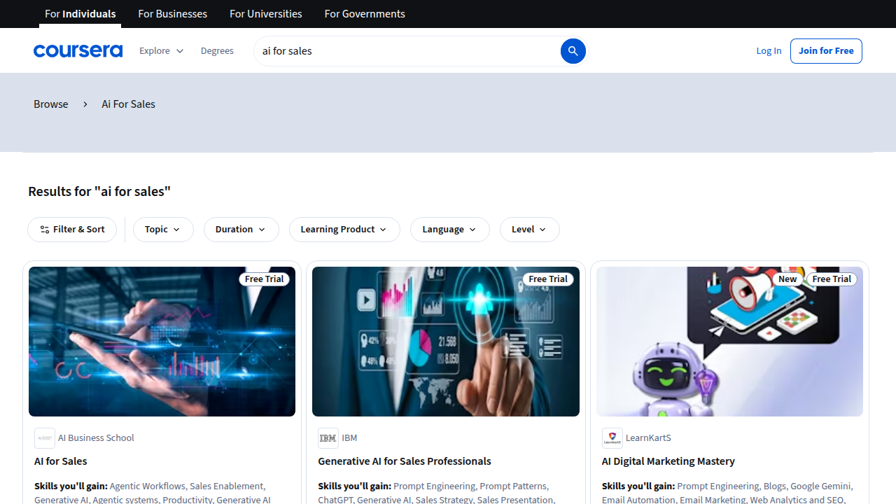 A screenshot of Coursera, an online learning platform, displaying a selection of micro-courses or specializations focused on AI for sales and digital marketing.