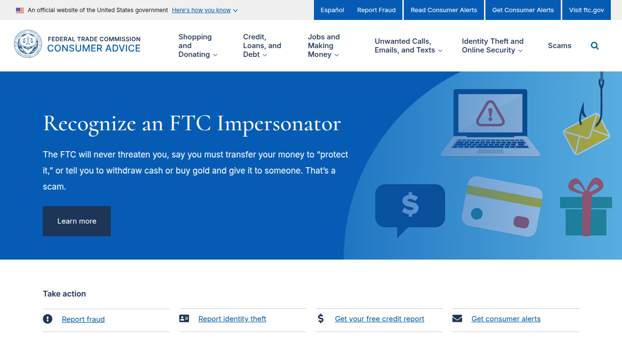 The Federal Trade Commission's consumer information page, a valuable resource for identifying and reporting job scams and fraudulent practices.
