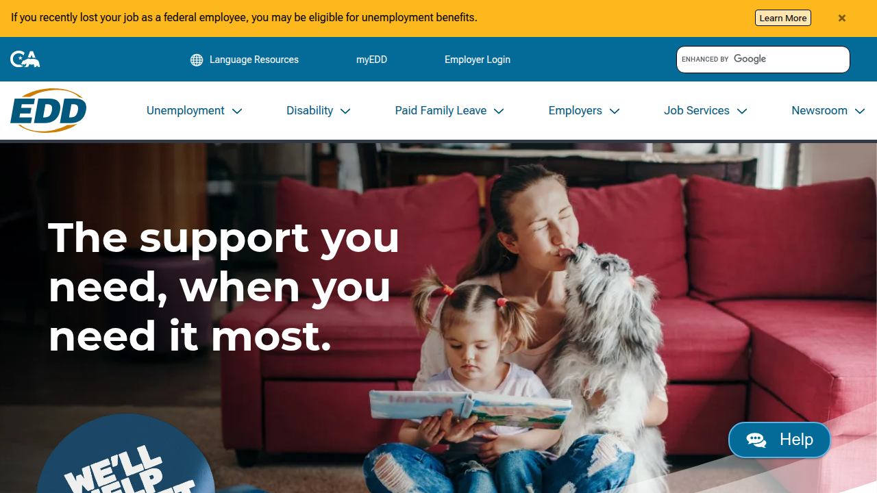 A screenshot of the official website for the California Employment Development Department, providing resources on labor market information.