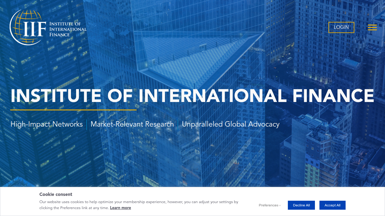 A screenshot of the Institute of International Finance's homepage, a source for global economic and financial research.