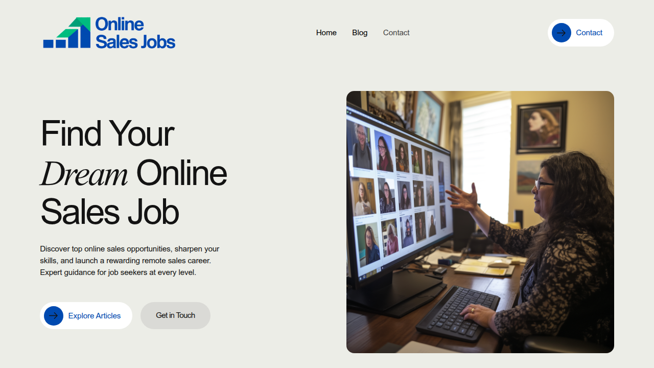 A screenshot of the Online Sales Jobs website, which specializes in connecting job seekers with legitimate remote sales opportunities.