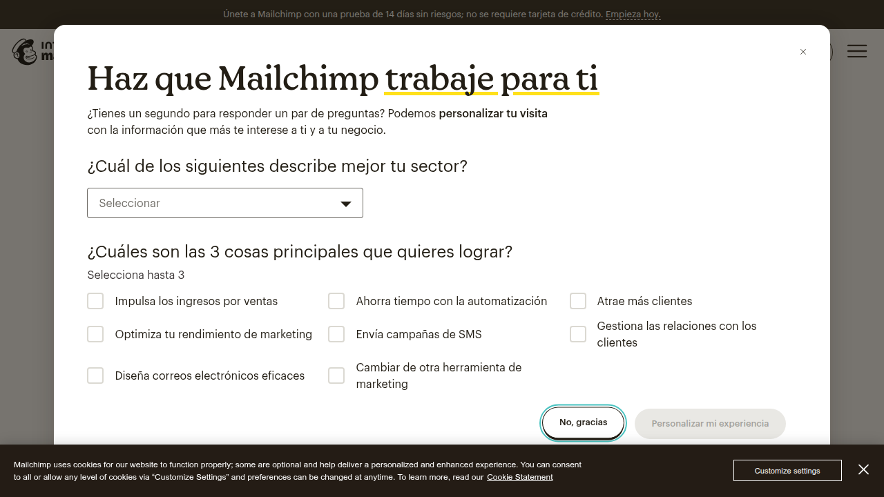 The dashboard interface of Mailchimp, an email marketing service used for sending personalized messages to segmented groups.
