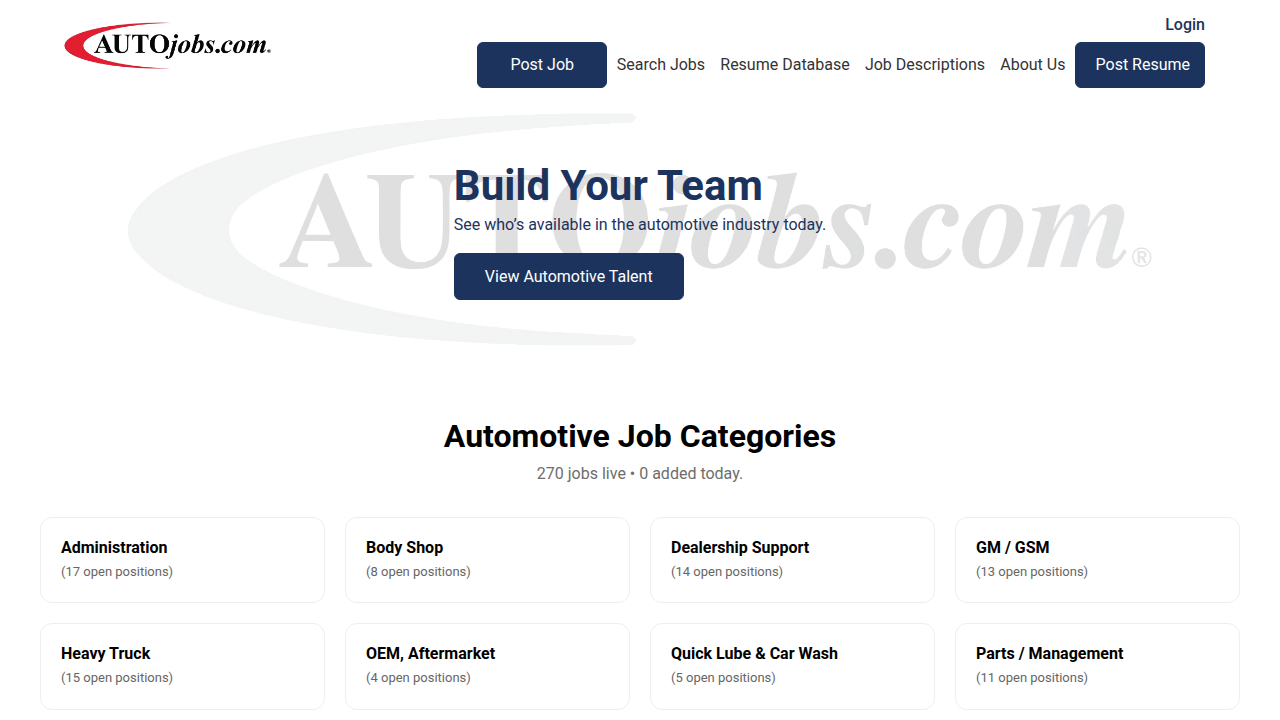 Screenshot of the AutoJobs website homepage, a key resource for understanding automotive career roles and job descriptions.