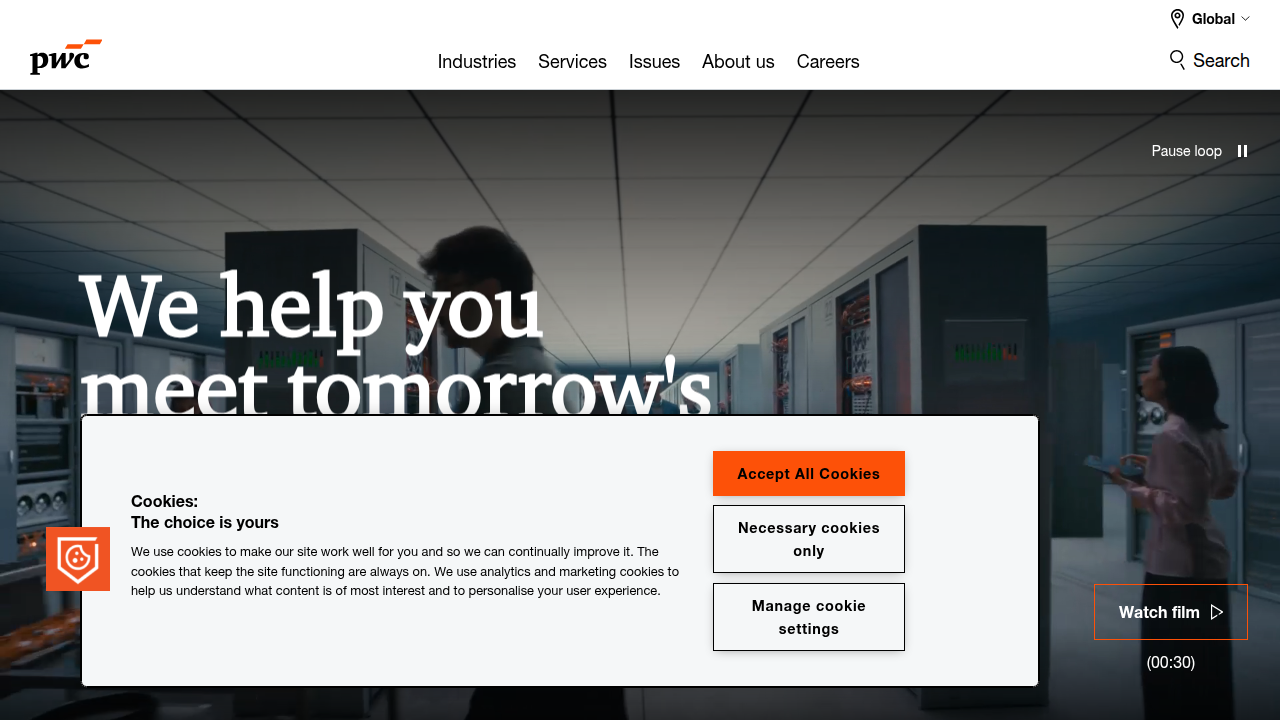 Screenshot of the PwC (PricewaterhouseCoopers) website homepage, representing a source for industry outlooks and consumer behavior trends in automotive.