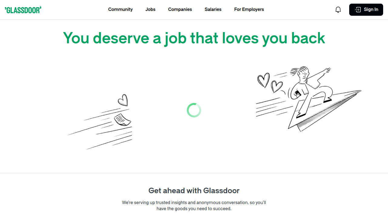 Screenshot of the Glassdoor homepage, a platform offering insights into salaries, company reviews, and job listings relevant to auto sales management.