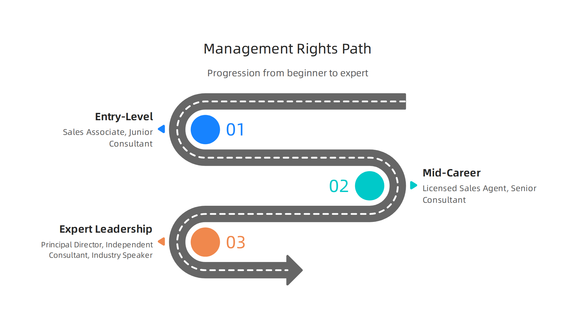 An overview of the progressive career stages in management rights sales, from entry-level positions to expert and leadership roles, showcasing potential growth.