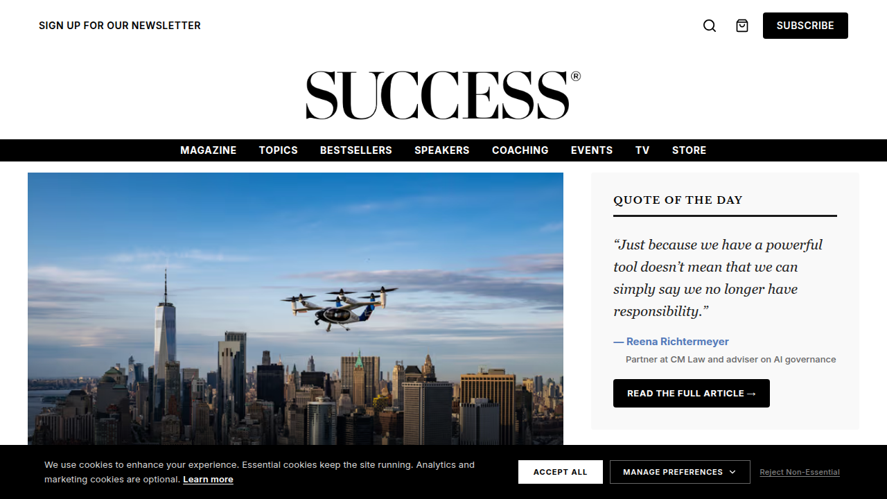The homepage of SUCCESS Magazine, referenced for its guide on building a personal brand through consistent, valuable content.