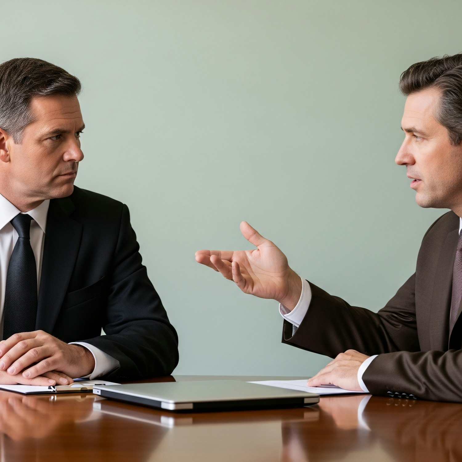 Two professionals engaged in a serious discussion, symbolizing the complex nature of management rights as a significant business opportunity.