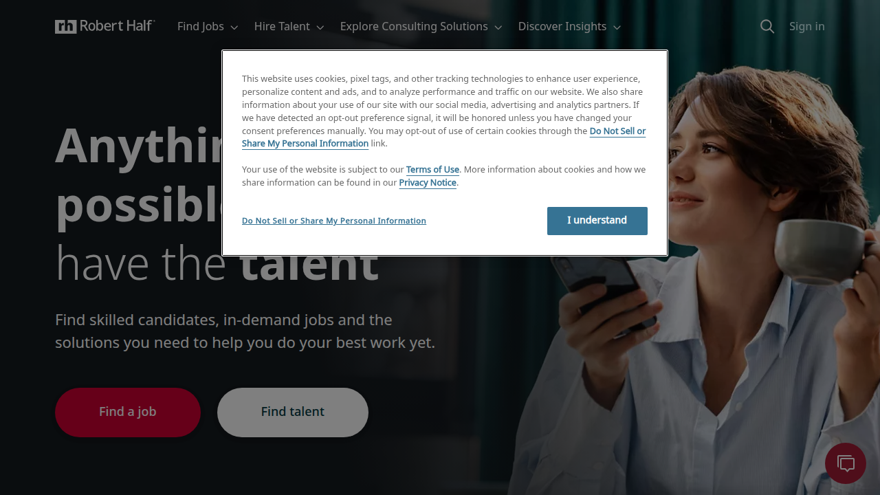 Screenshot of the Robert Half homepage, a prominent global talent solutions and business consulting firm.