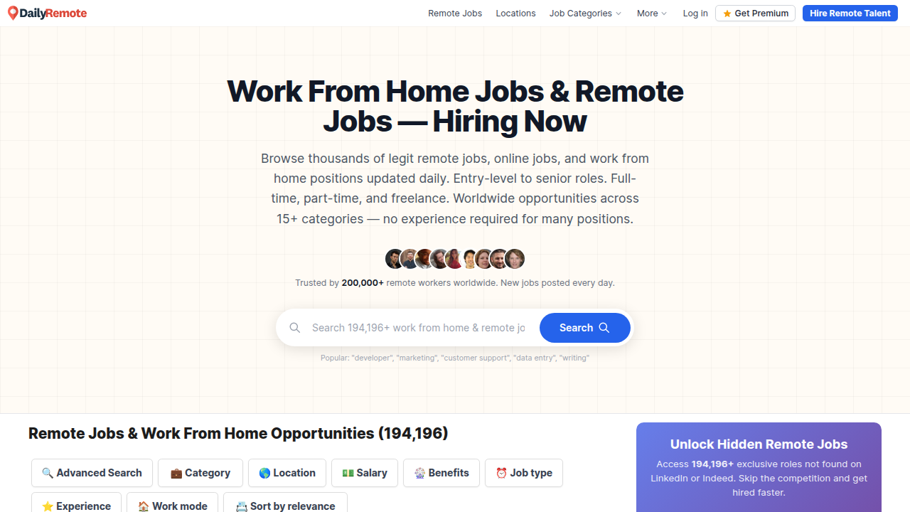 Screenshot of the DailyRemote homepage, a platform dedicated to listing remote job opportunities across various industries.