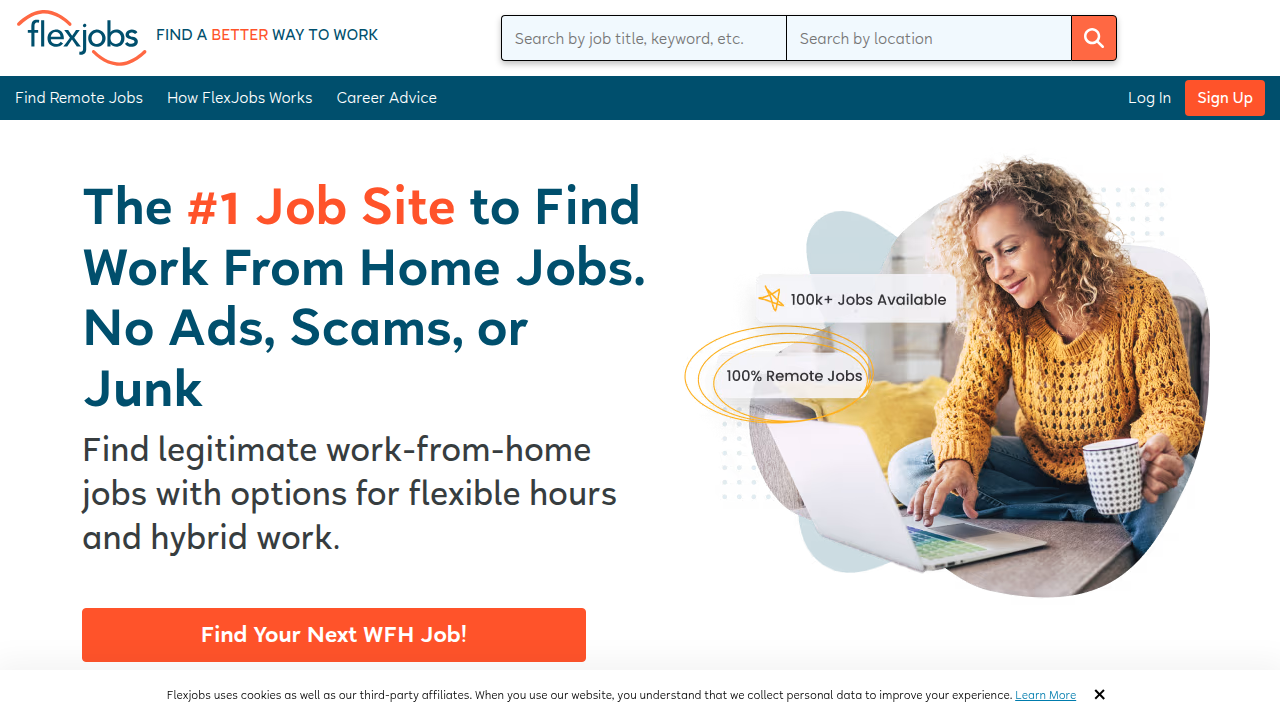The homepage of FlexJobs, a leading platform for remote and flexible job opportunities, reflecting its prominence in the remote work economy.