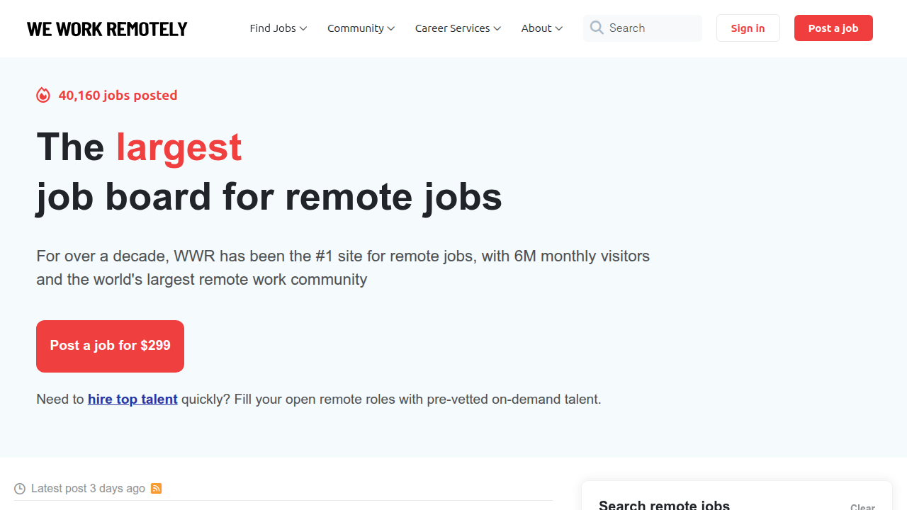 The homepage of We Work Remotely, showcasing its interface as a popular platform dedicated exclusively to remote job listings across various industries.
