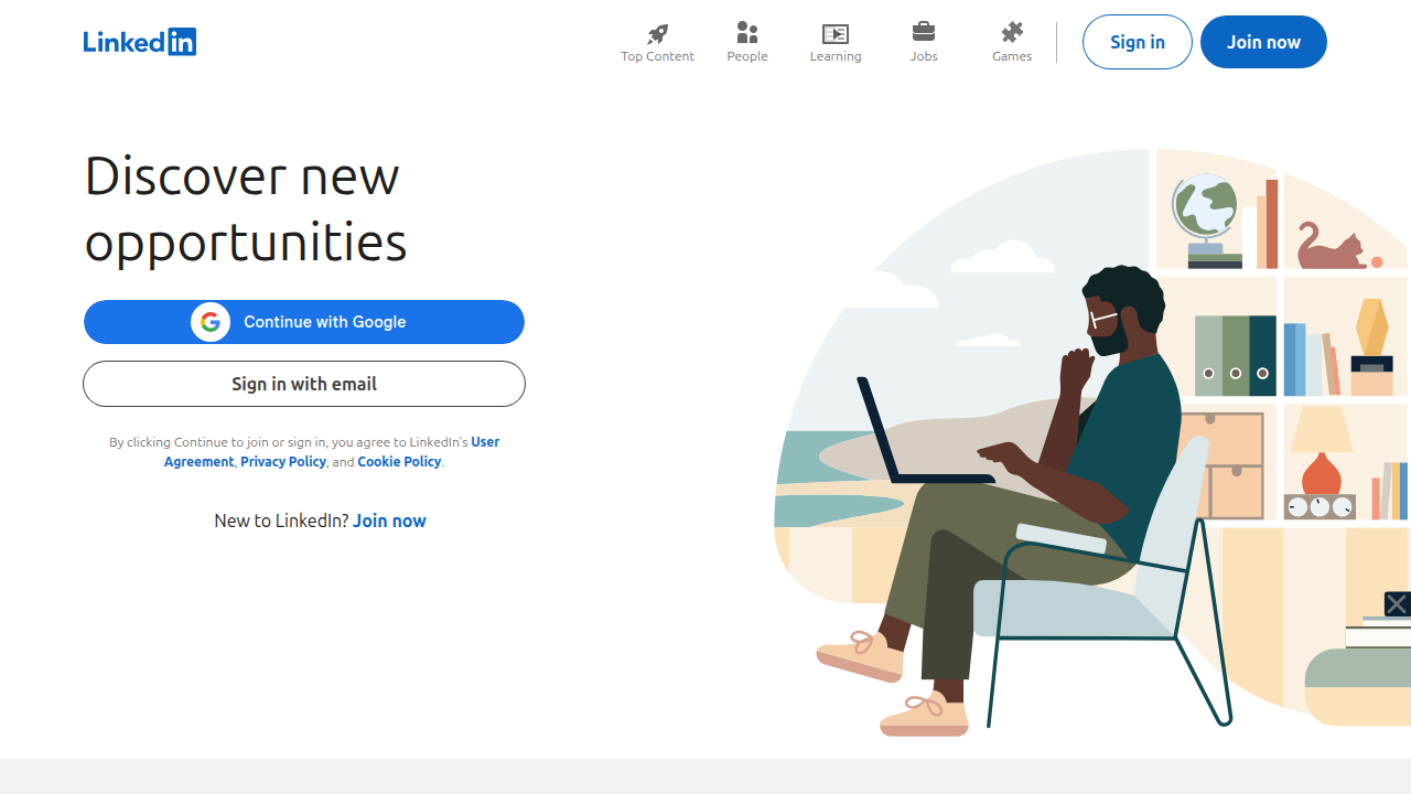 The homepage of LinkedIn, emphasizing its role as a professional networking site and a powerful platform for job searching and company research.