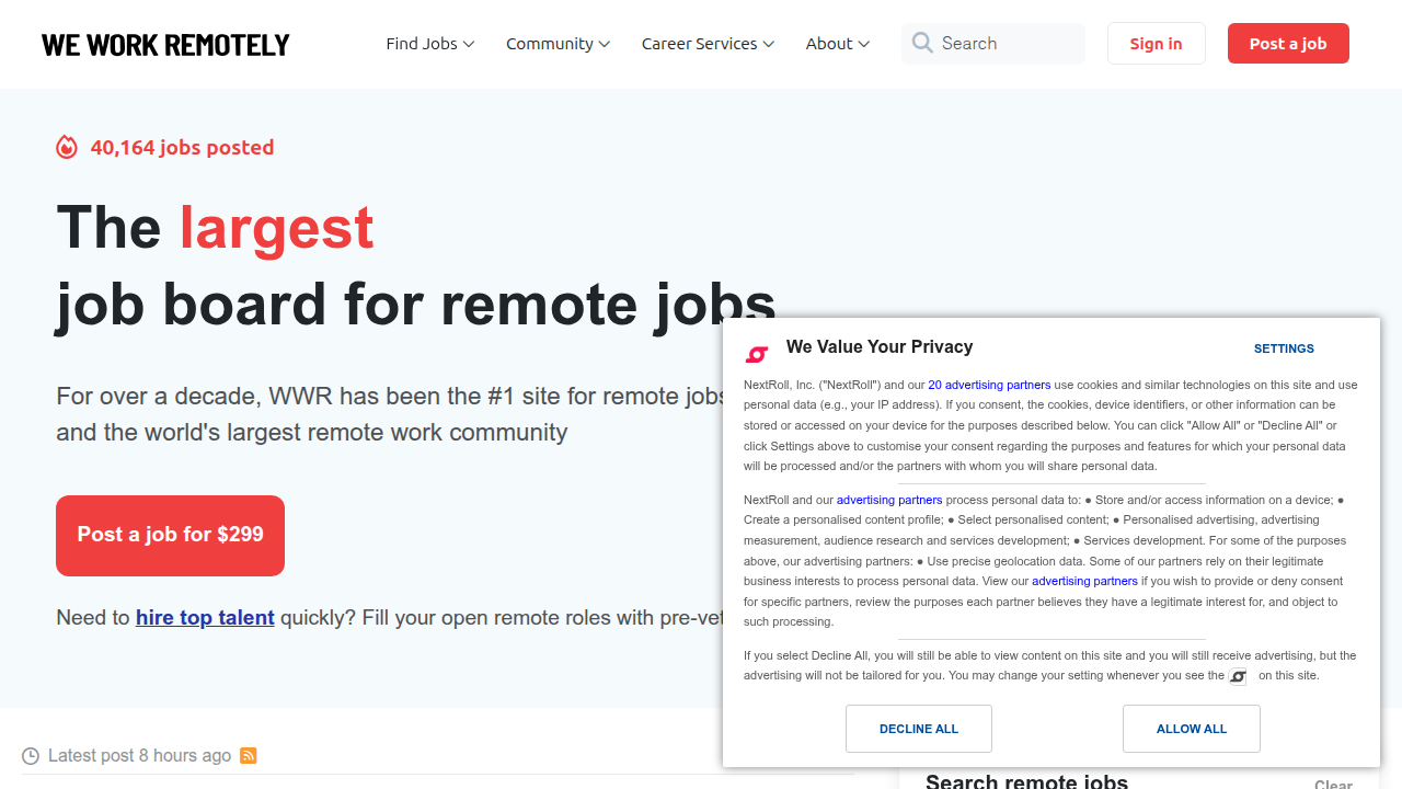 The homepage of We Work Remotely, a popular niche job board specifically dedicated to remote work opportunities across various industries, including sales.