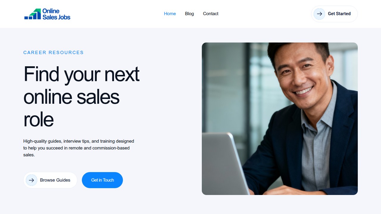 The homepage of OnlineSalesJobs.net, a resource for guides and articles on landing legitimate remote sales jobs, as referenced in the article.