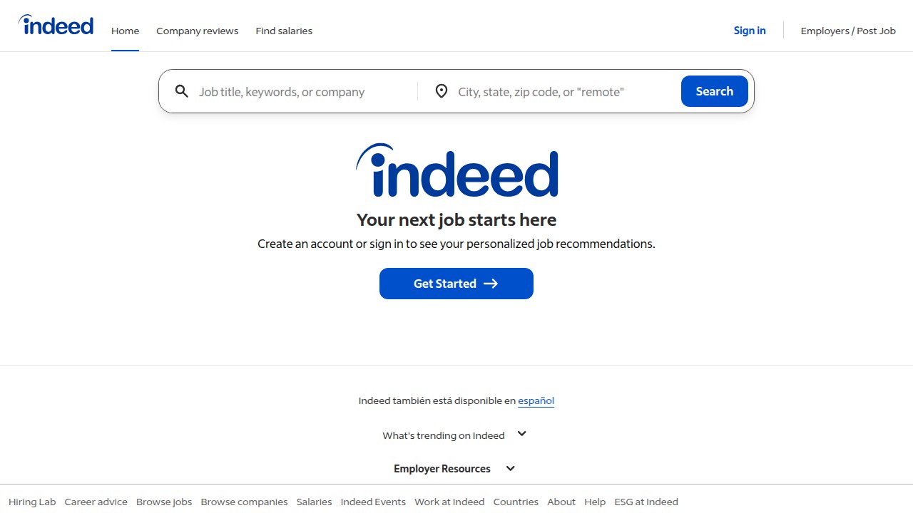 The main landing page for Indeed.com, the world's largest job aggregator, demonstrating its interface for job searches.