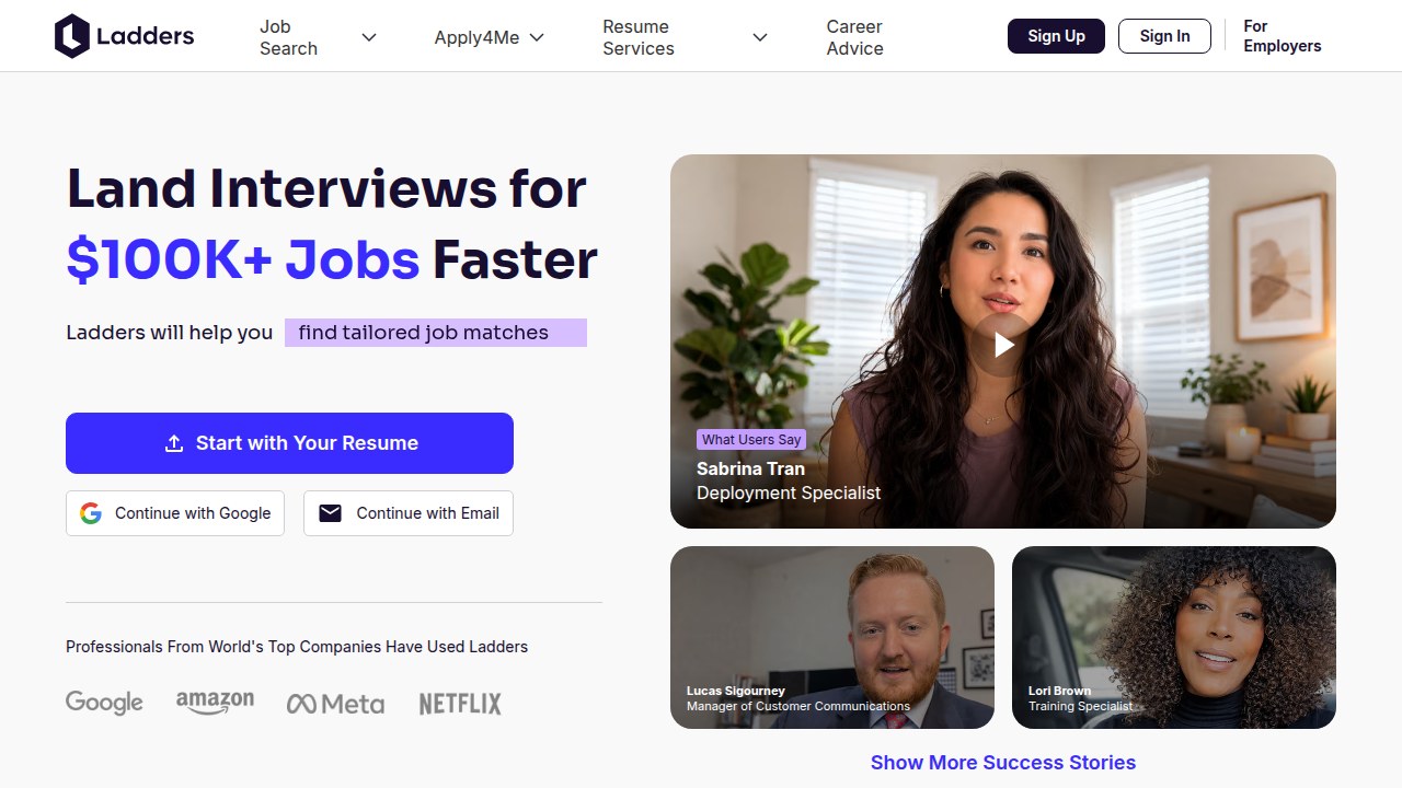 A screenshot of The Ladders homepage, showcasing its focus on high-paying executive positions and professional job search resources.