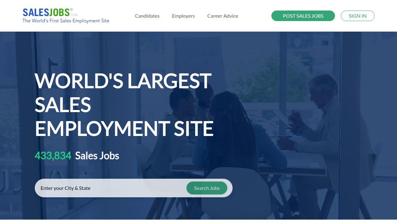 A screenshot of SalesJobs.com, highlighting its extensive database of sales-specific employment opportunities.