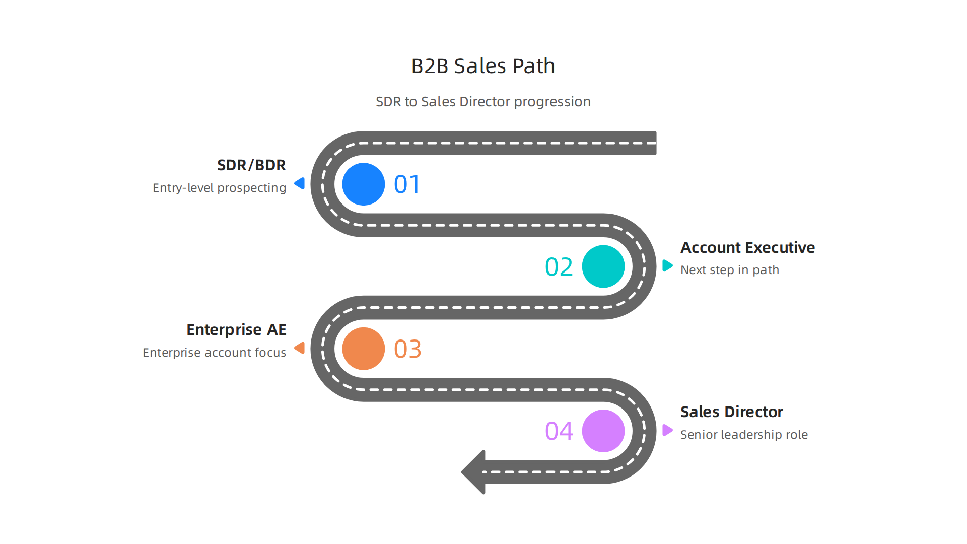 Visualize the clear progression of a B2B sales career, from entry-level prospecting to senior leadership roles.