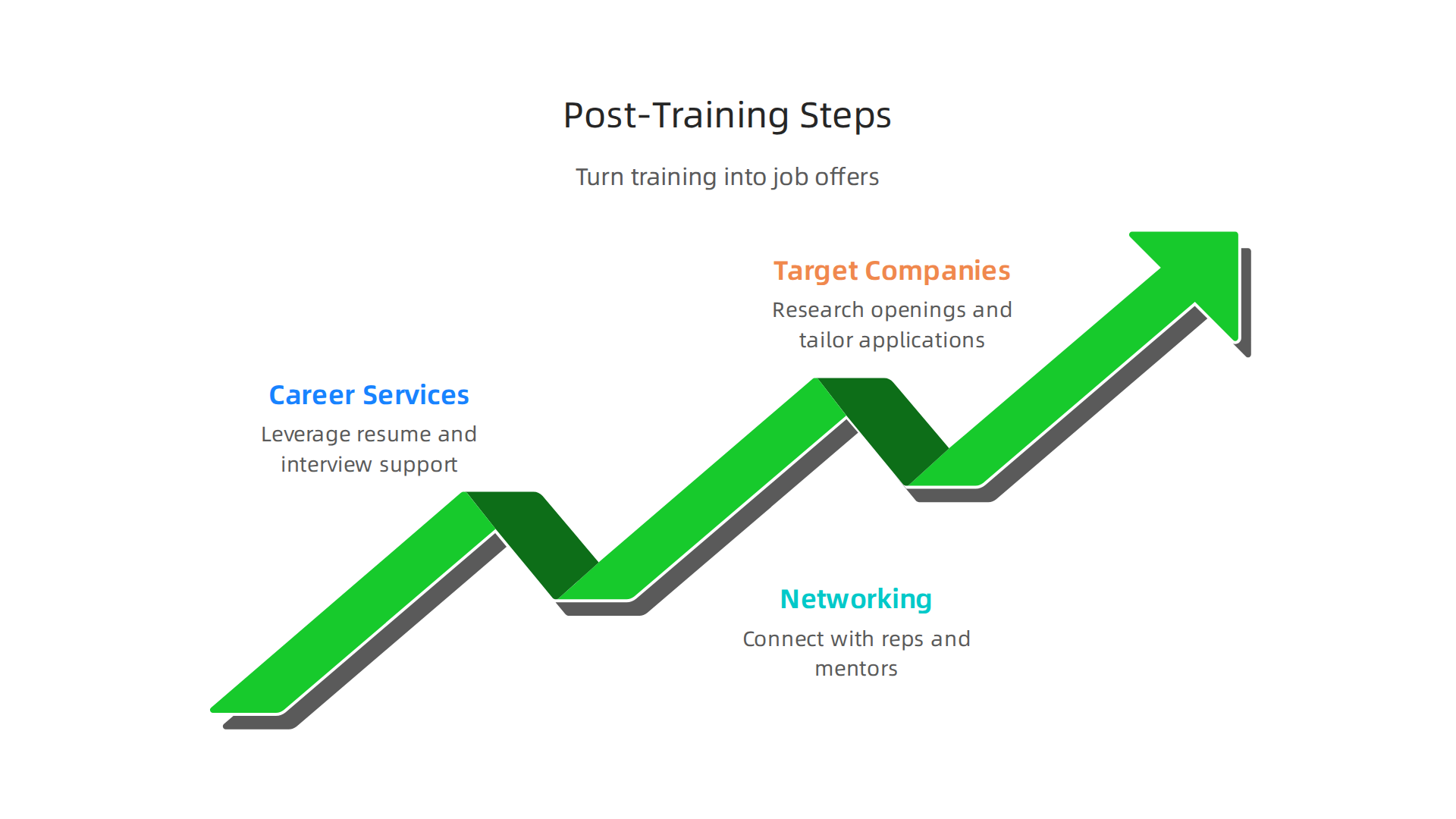 A visual guide outlining the critical steps to take after completing medical sales training: utilizing career services, networking, and targeting suitable companies.