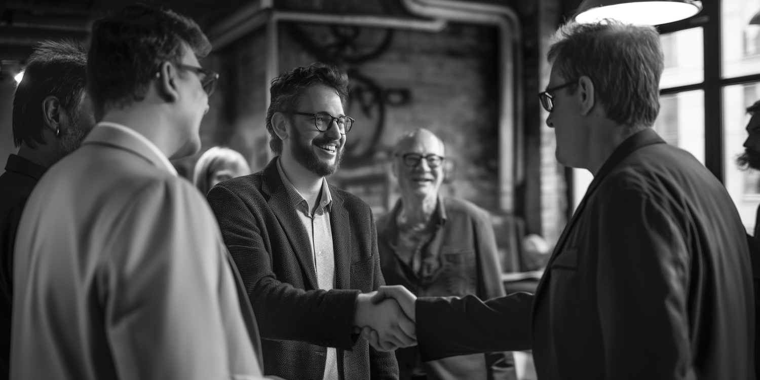 Professionals engaging in conversation at an industry event, emphasizing the importance of networking after completing sales training.